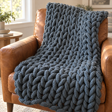 Dark grey chunky knit weighted blanket draped over a leather armchair