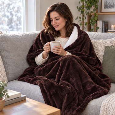 Woman on a sofa wrapped in the coffee heated throw blanket, holding a mug