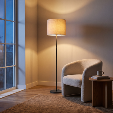 Charcoal floor lamp glowing warm beside a cream armchair
