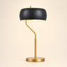 Brushed gold curve table lamp with a black drum shade and white inner, lamp on
