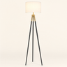 Black Brass Tripod Floor Lamp lit cream studio packshot, white drum shade