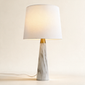 Marble Cone table lamp with tapered white marble cone base, short gold neck, and white fabric drum shade, lamp on