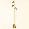 Brass triple-spot tree floor lamp with cone base, lit, cream studio