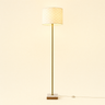 Marble wood floor lamp, square wood+marble base, slim gold stem, lit textured white cylinder, cream studio