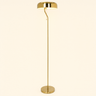 Gold dome floor lamp, slim gold stem S-curve, shallow gold/white dome, lit, cream studio