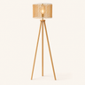 Natural Tripod Floor Lamp lit cream studio packshot, wood-bead shade