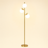 Gold Globe Tree Floor Lamp lit cream studio packshot, three frosted globes