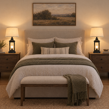 Black metal lantern farmhouse pair on matching nightstands flanking a bed, both lamps on.