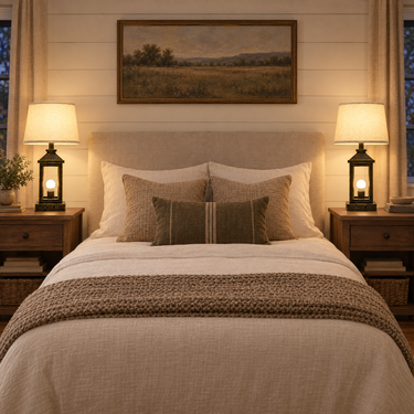 Black-gold lantern farmhouse pair on matching nightstands flanking a bed, both lamps on.