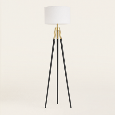 Black Brass Tripod Floor Lamp unlit cream studio packshot, white drum shade