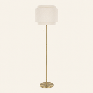 Gold tier floor lamp with three-step cream linen shade, unlit, same camera