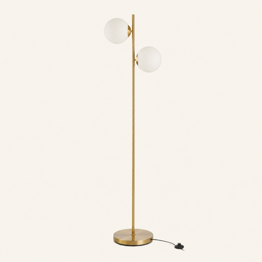 Gold two-globe tree floor lamp, unlit, same camera