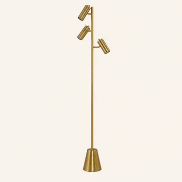 Brass triple-spot tree floor lamp, unlit, same camera