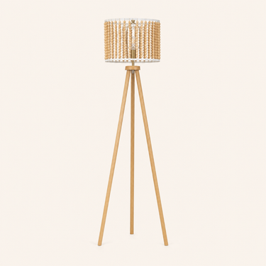 Natural Tripod Floor Lamp unlit cream studio packshot, wood-bead shade