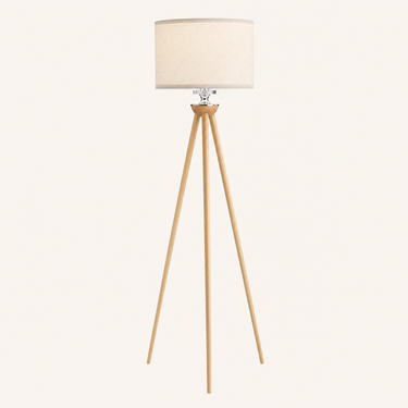 Natural Wood Three-Leg Floor Lamp unlit cream studio packshot