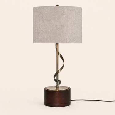 Walnut twist table lamp with a linen drum shade and bronze twisted stem, lamp off