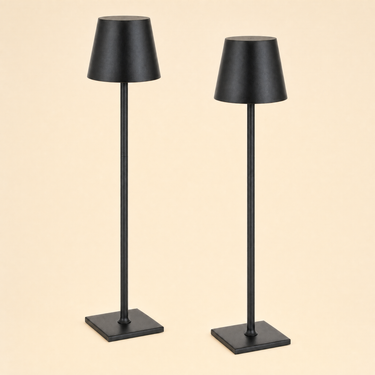 Pair of matte-black cordless table lamps, lamps off