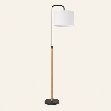 Wood Arc Floor Lamp unlit cream studio packshot, black metal and natural wood