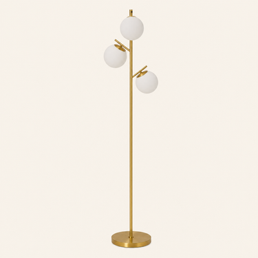 Gold Globe Tree Floor Lamp unlit cream studio packshot, three frosted globes