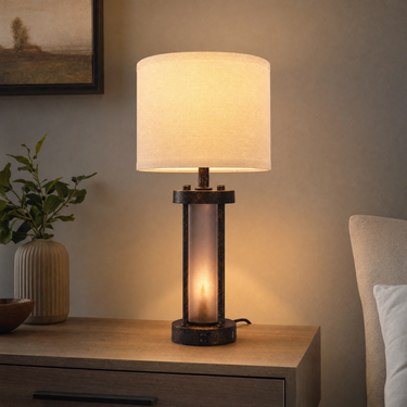 Farmhouse table lamp on a pale oak nightstand, lamp on