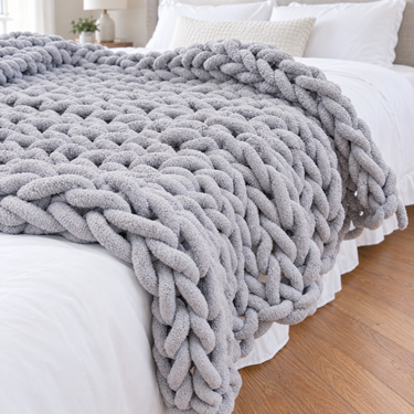 Grey chunky knit weighted blanket across the end of a bed with white bedding