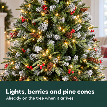 Lights, berries and pine cones already on the tree