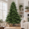 Full green artificial Christmas tree in a bright living room