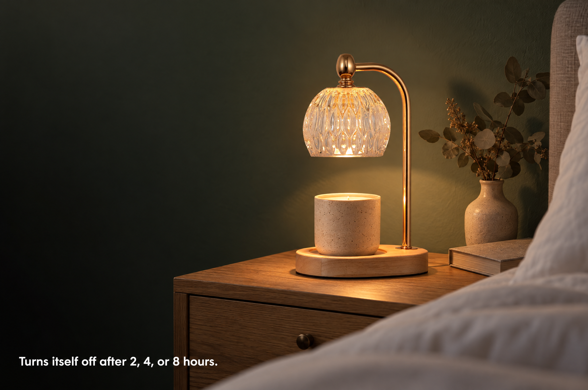 Gold Crystal Dome Candle Warmer Lamp on a nightstand at night. Turns itself off after 2, 4, or 8 hours.
