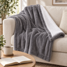 Gray sherpa heated throw blanket draped over a sofa