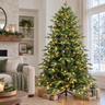 Pre-lit green artificial Christmas tree in a bright living room