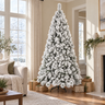 Snow flocked artificial Christmas tree in a living room